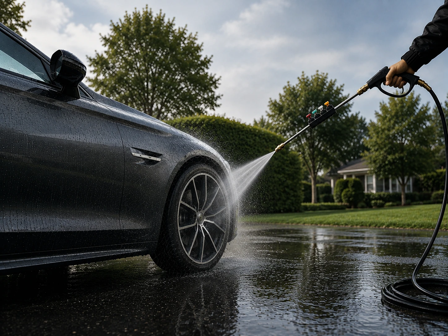 Car detailing with high pressure water spray outdoors