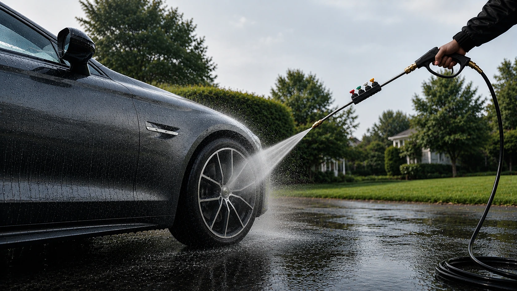Car detailing with high pressure water spray outdoors